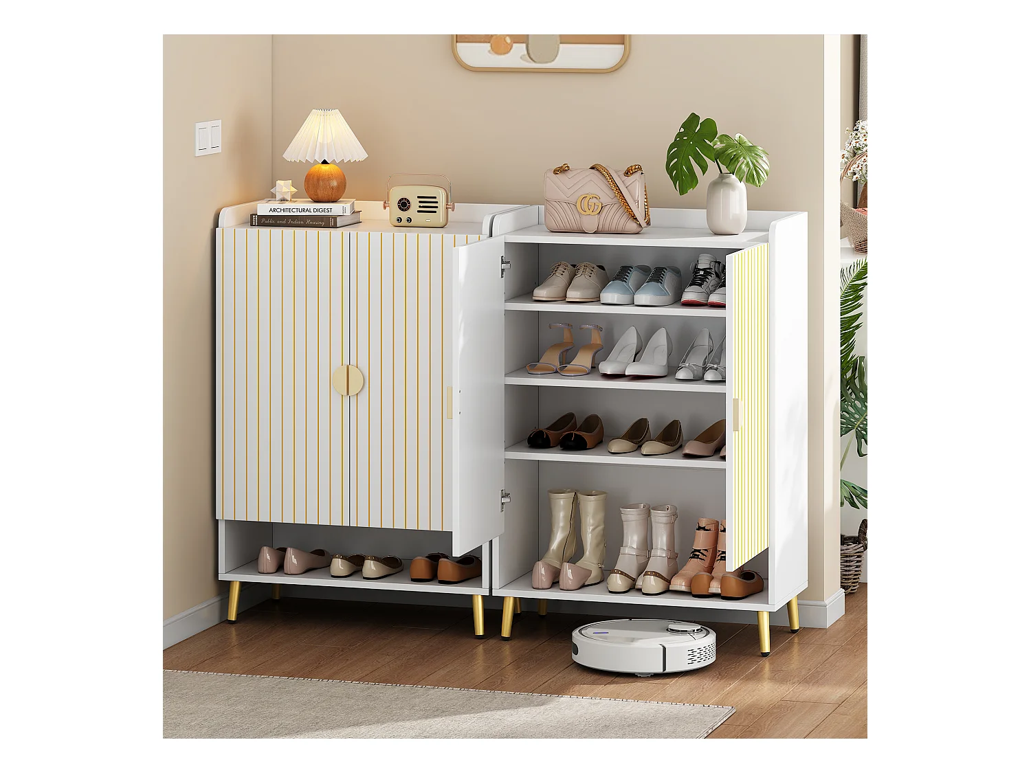 Meuble à chaussures moderne avec portes doubles, étagères réglables et tiroirs, MDF, blanc (75x37x110 cm)
