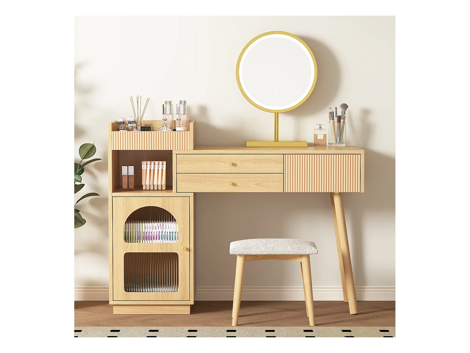 Coiffeuse avec miroir LED, 3 couleurs, en bois, pour chambre, blanc (120x40x90 cm)