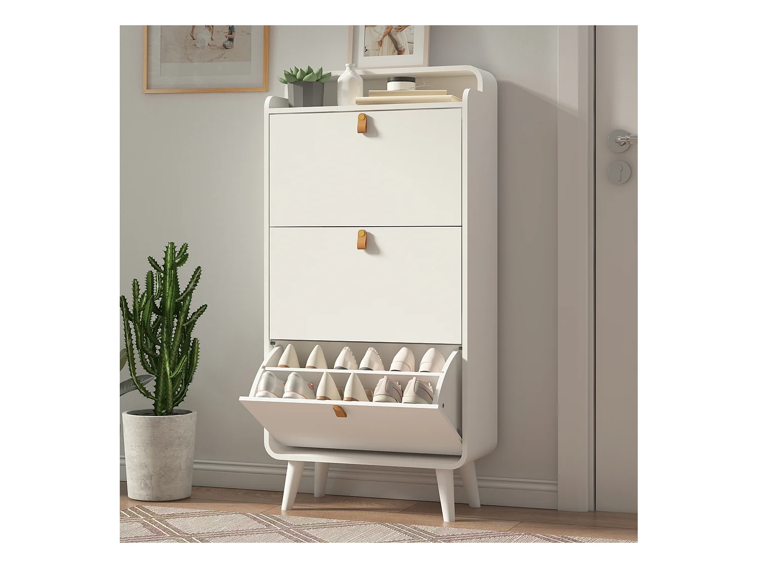 Armoire à chaussures avec 3 tiroirs rabattables, étagère à chaussures en bois, MDF, blanc (63x29.5x133.7 cm)