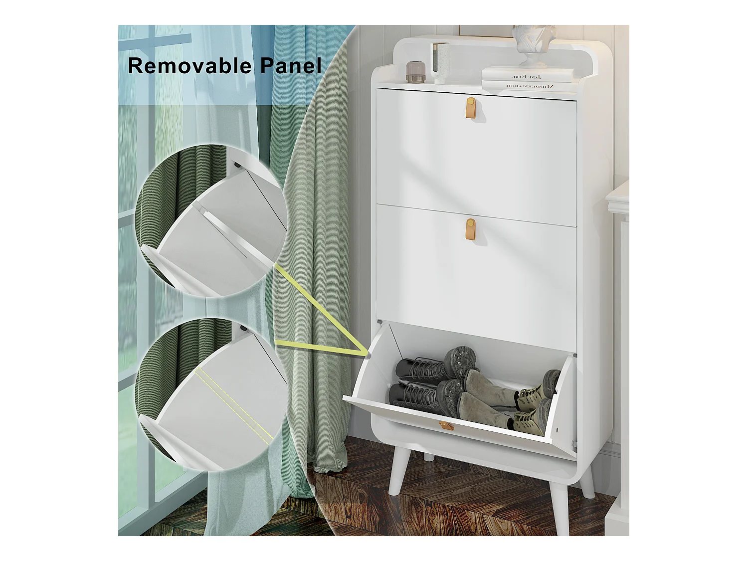 Armoire à chaussures avec 3 tiroirs rabattables, étagère à chaussures en bois, MDF, blanc (63x29.5x133.7 cm)