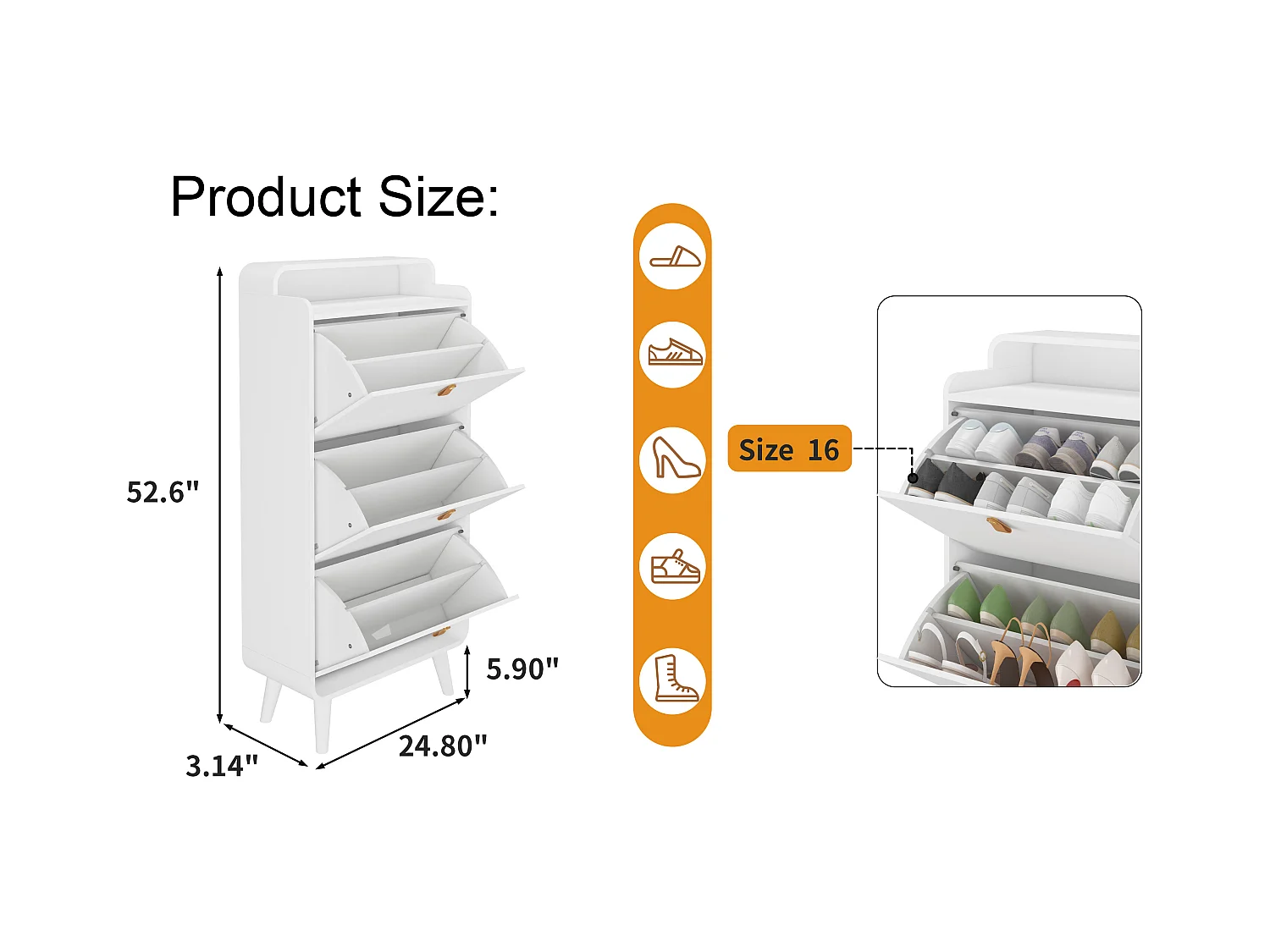 Armoire à chaussures avec 3 tiroirs rabattables, étagère à chaussures en bois, MDF, blanc (63x29.5x133.7 cm)
