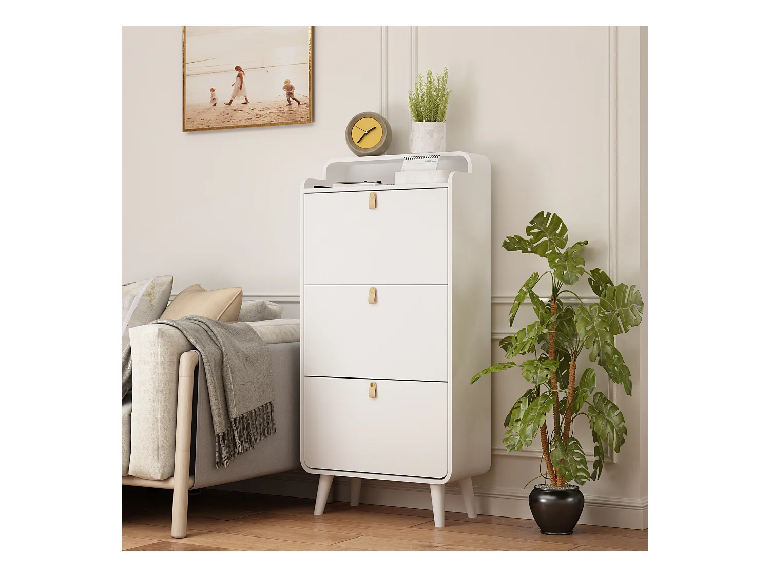 Armoire à chaussures avec 3 tiroirs rabattables, étagère à chaussures en bois, MDF, blanc (63x29.5x133.7 cm)