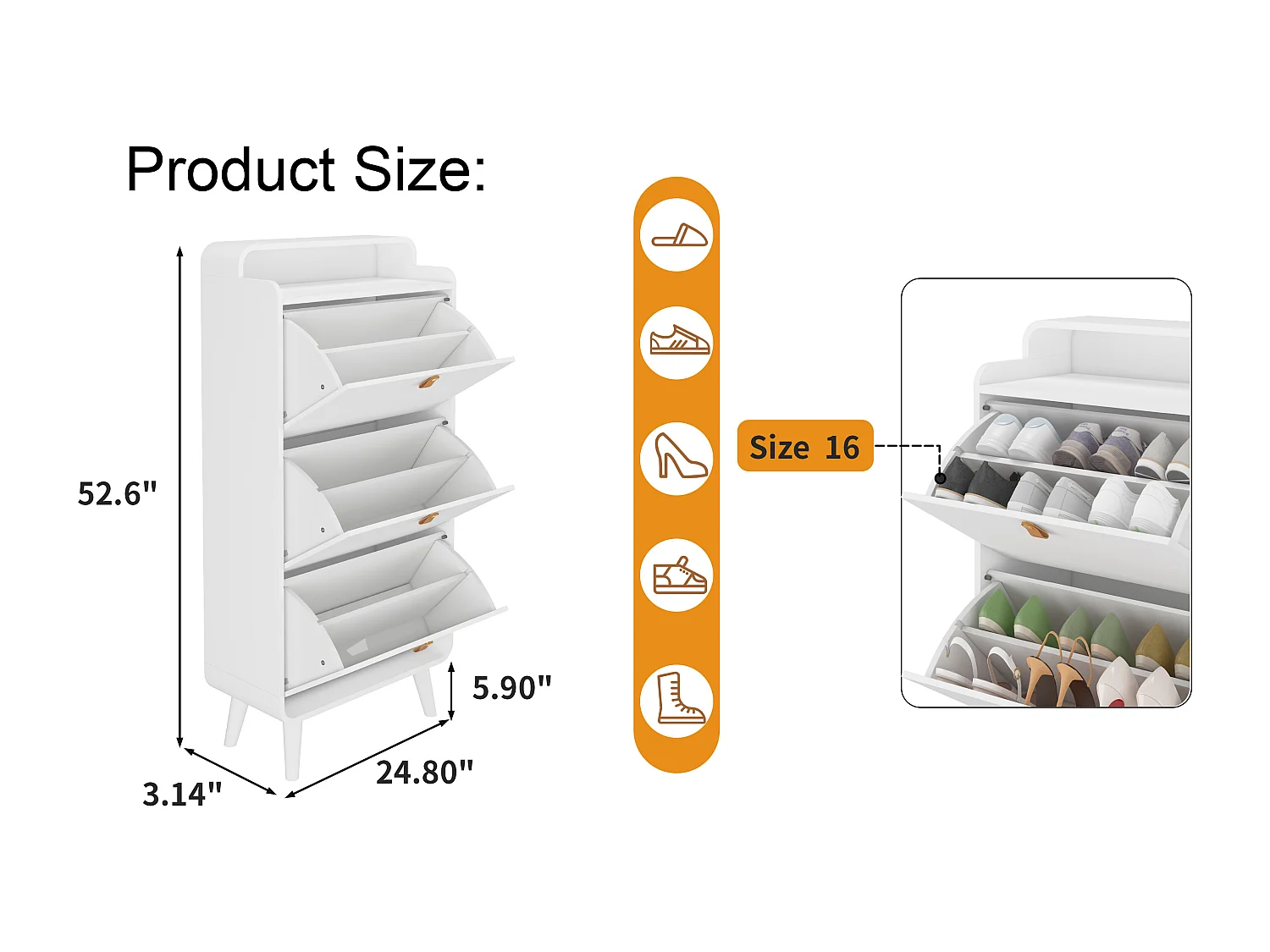 Armoire à chaussures avec 3 tiroirs rabattables, étagère à chaussures en bois, MDF, blanc (63x29.5x133.7 cm)