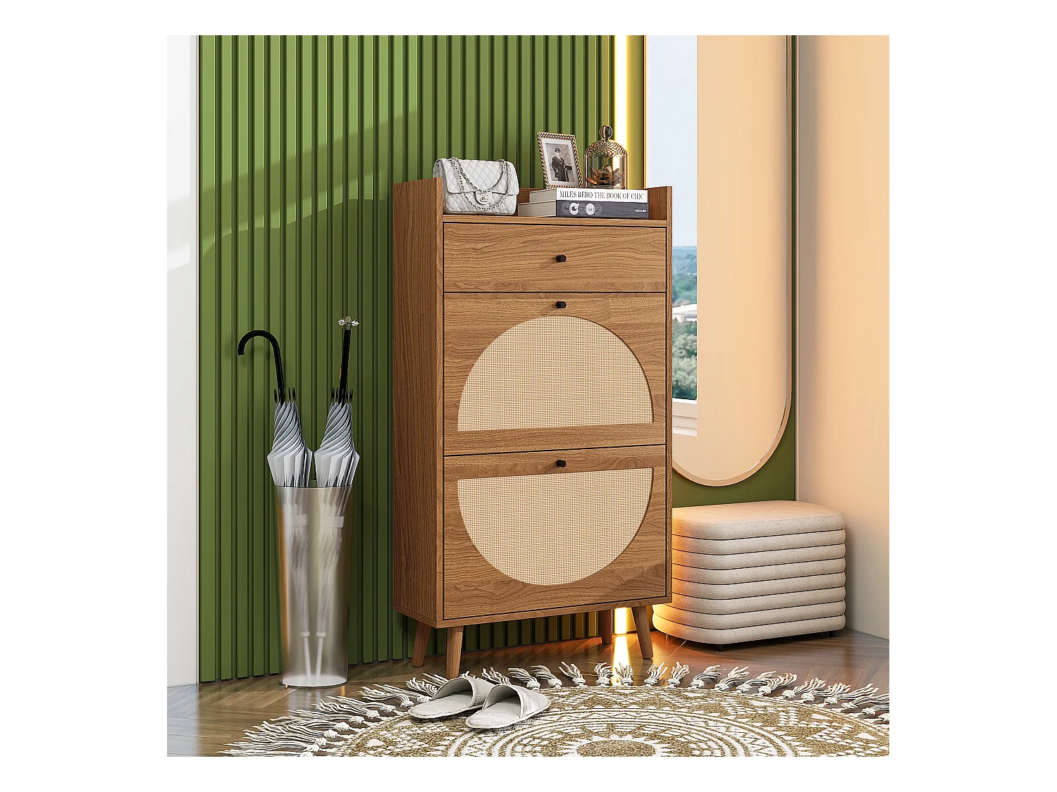 Meuble à chaussures avec deux portes et un tiroir, couleur bois de noyer, aspect rotin, MDF (60x24x110 cm)