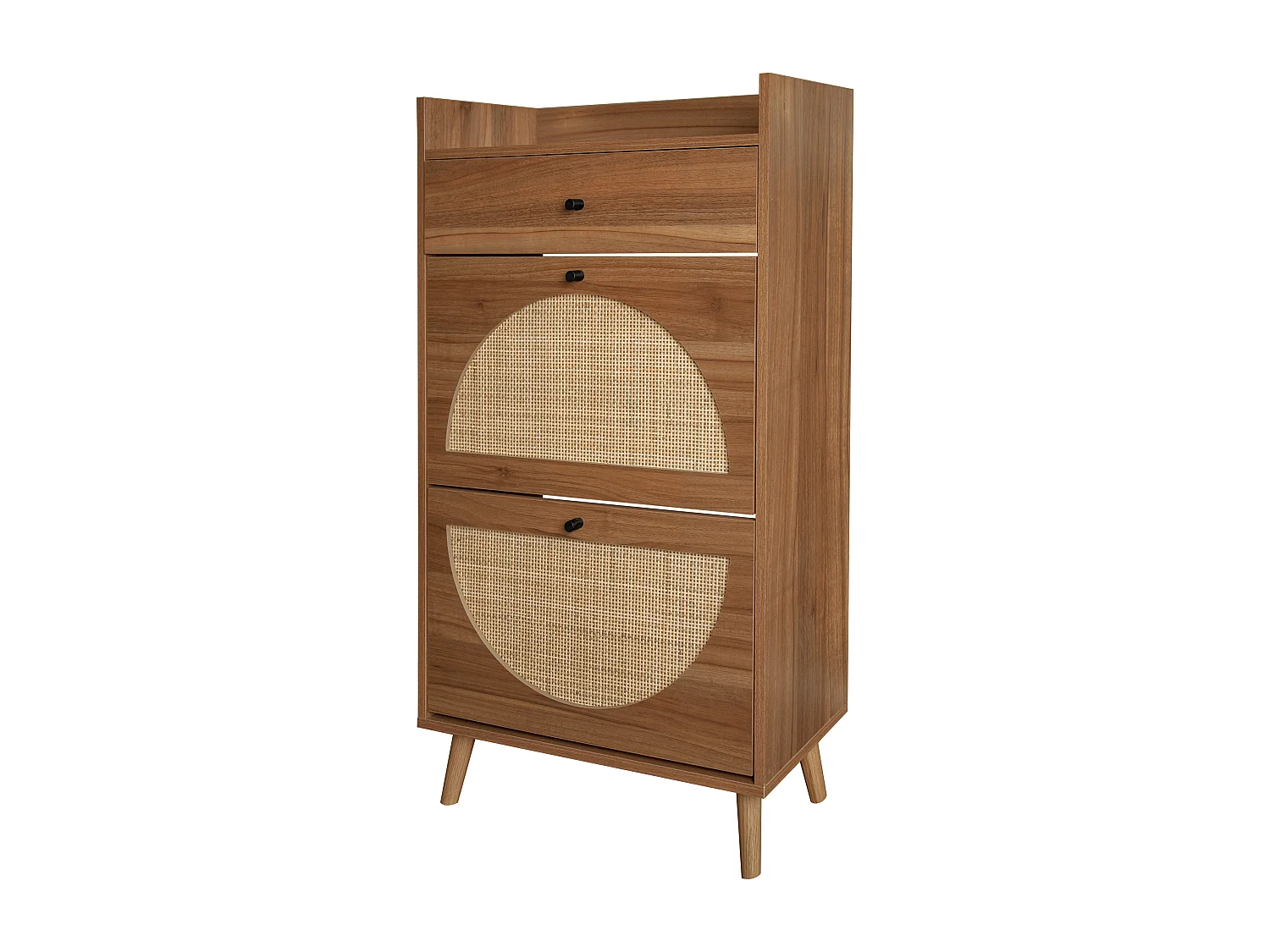 Meuble à chaussures avec deux portes et un tiroir, couleur bois de noyer, aspect rotin, MDF (60x24x110 cm)