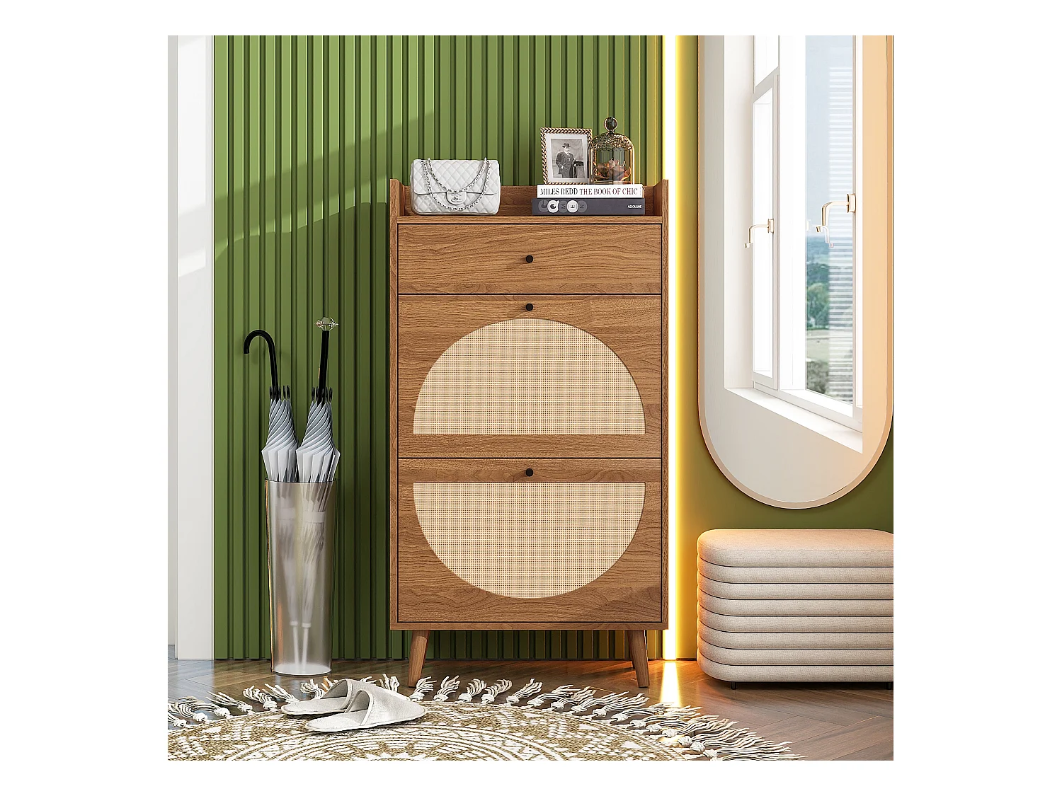 Meuble à chaussures avec deux portes et un tiroir, couleur bois de noyer, aspect rotin, MDF (60x24x110 cm)