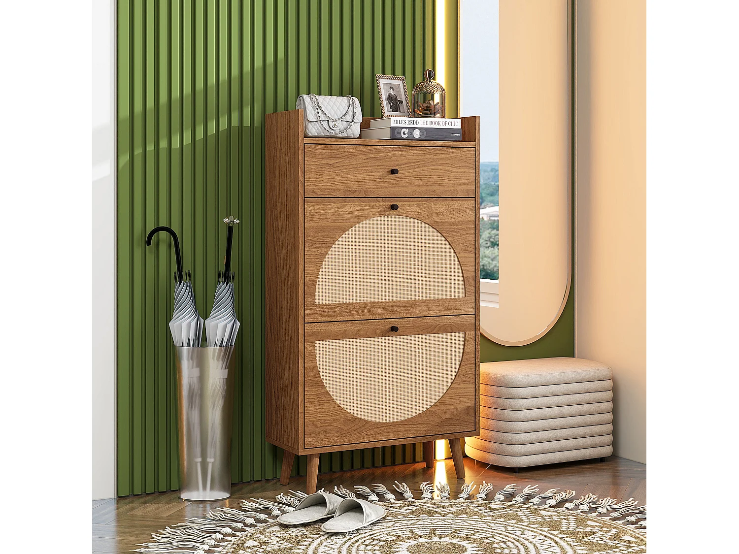 Meuble à chaussures avec deux portes et un tiroir, couleur bois de noyer, aspect rotin, MDF (60x24x110 cm)