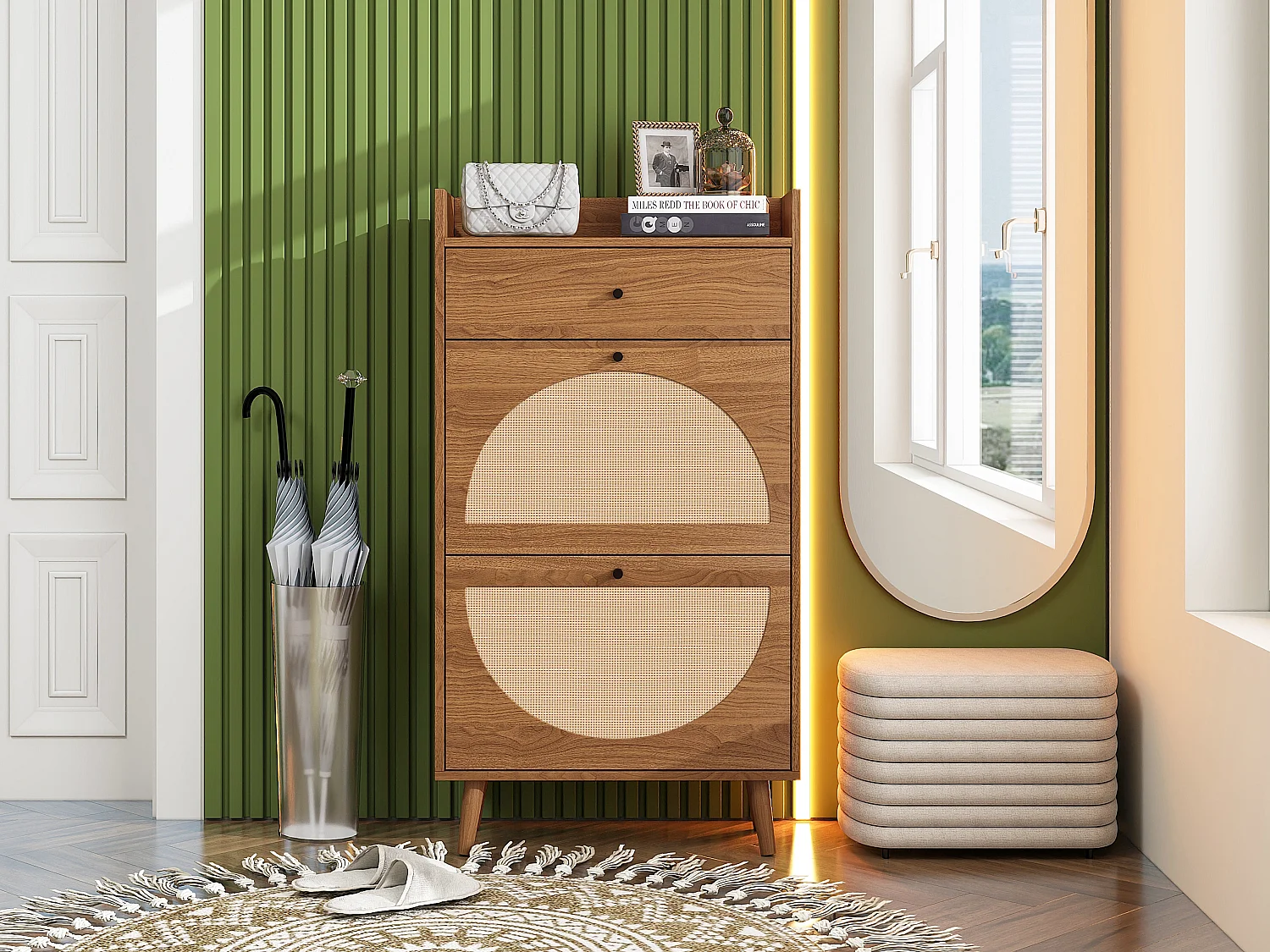 Meuble à chaussures avec deux portes et un tiroir, couleur bois de noyer, aspect rotin, MDF (60x24x110 cm)