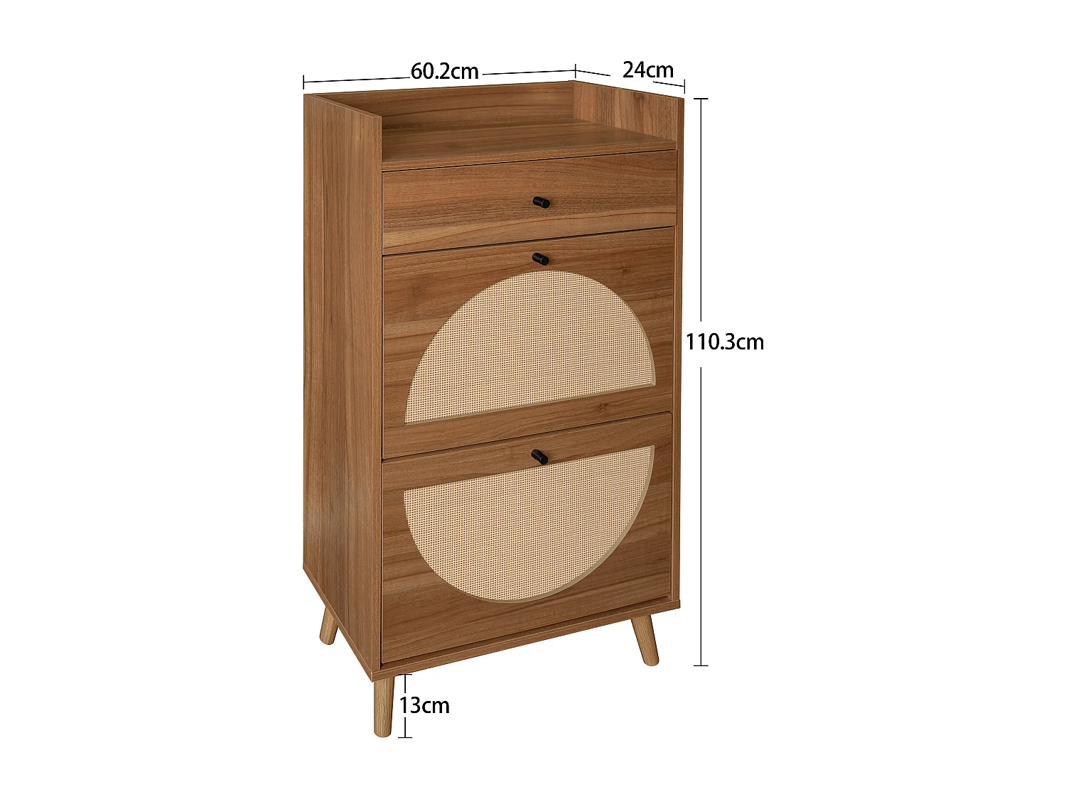 Meuble à chaussures avec deux portes et un tiroir, couleur bois de noyer, aspect rotin, MDF (60x24x110 cm)