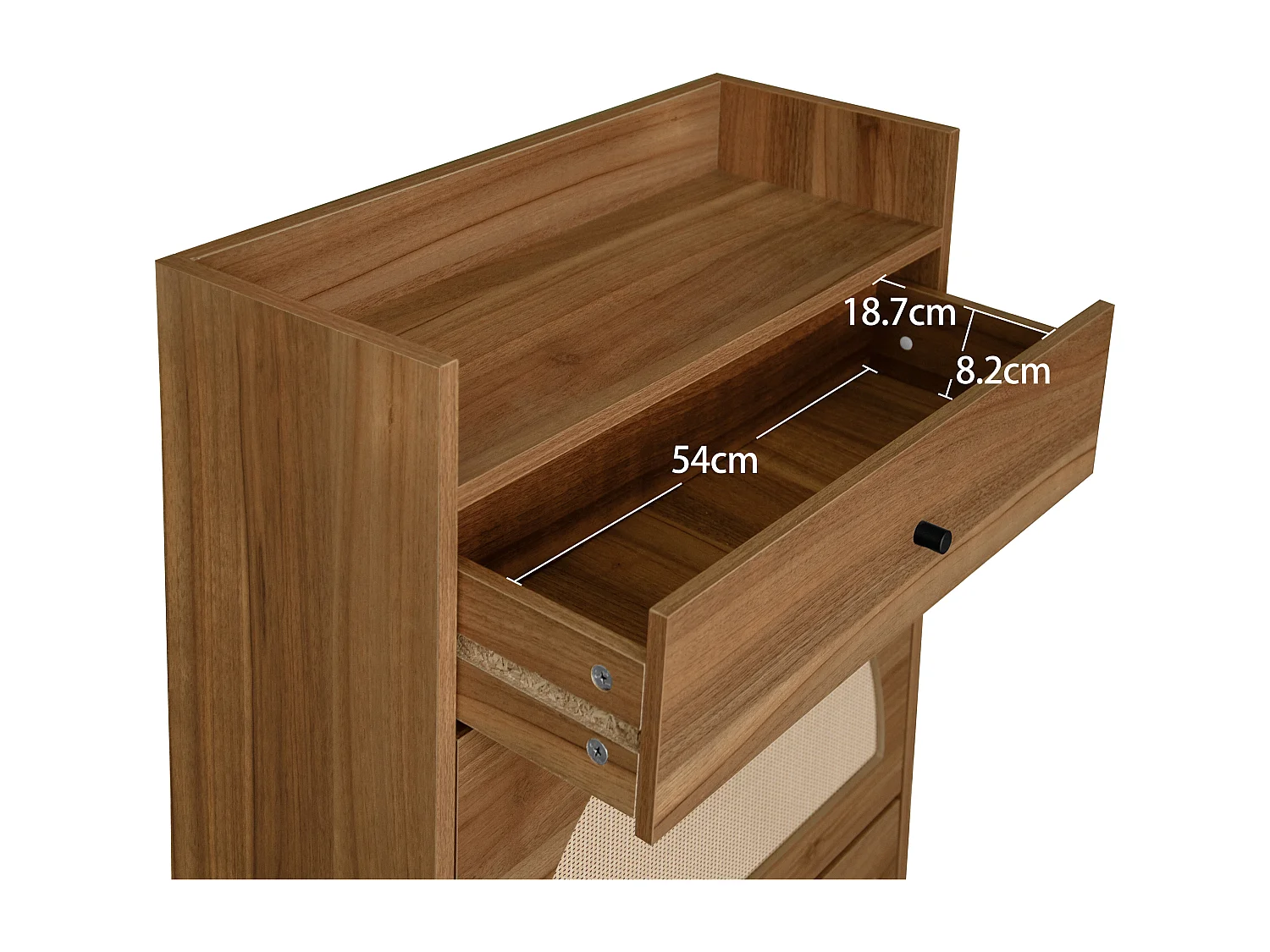 Meuble à chaussures avec deux portes et un tiroir, couleur bois de noyer, aspect rotin, MDF (60x24x110 cm)