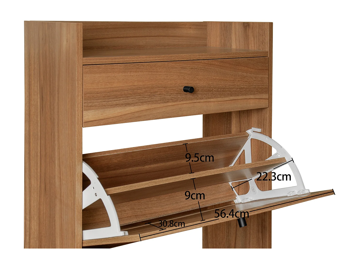 Meuble à chaussures avec deux portes et un tiroir, couleur bois de noyer, aspect rotin, MDF (60x24x110 cm)
