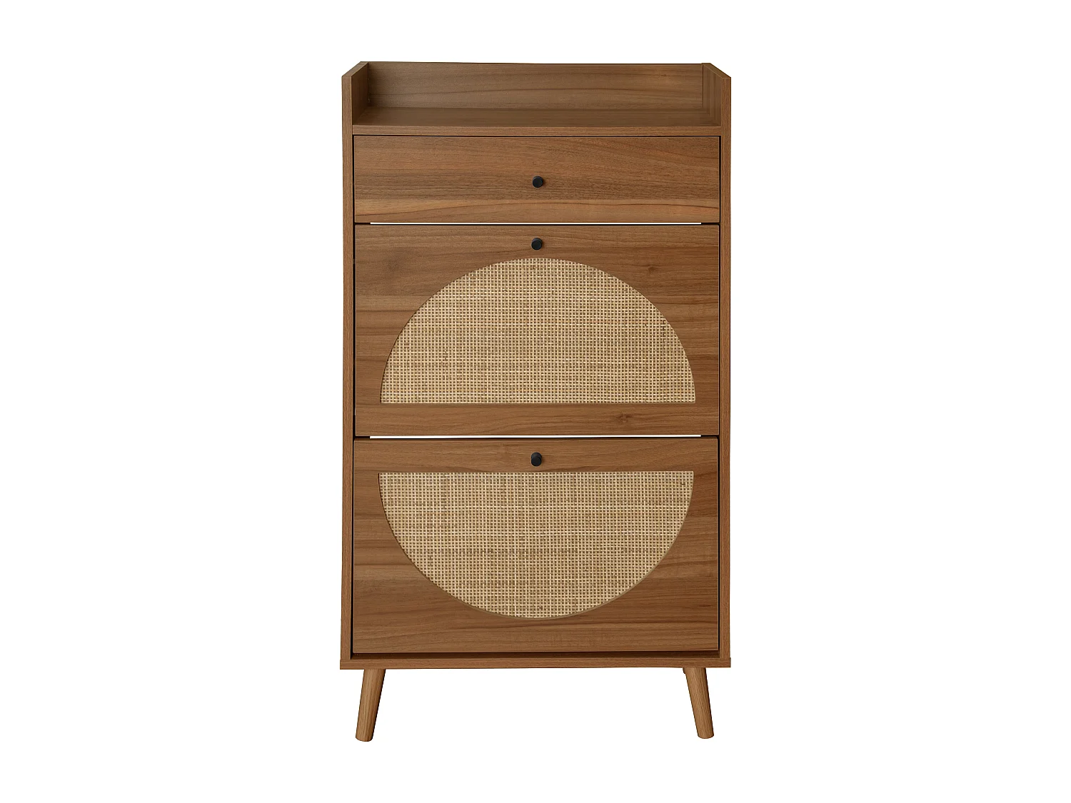 Meuble à chaussures avec deux portes et un tiroir, couleur bois de noyer, aspect rotin, MDF (60x24x110 cm)