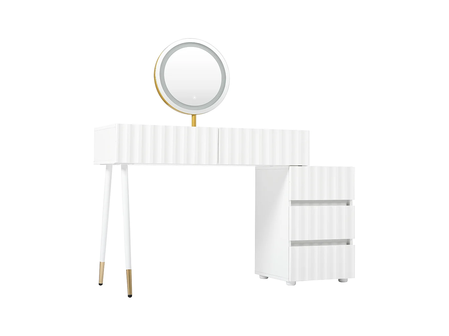 Grande coiffeuse avec éclairage LED, miroir, 5 tiroirs, 2 portes, MDF, blanc (110x40x151 cm)