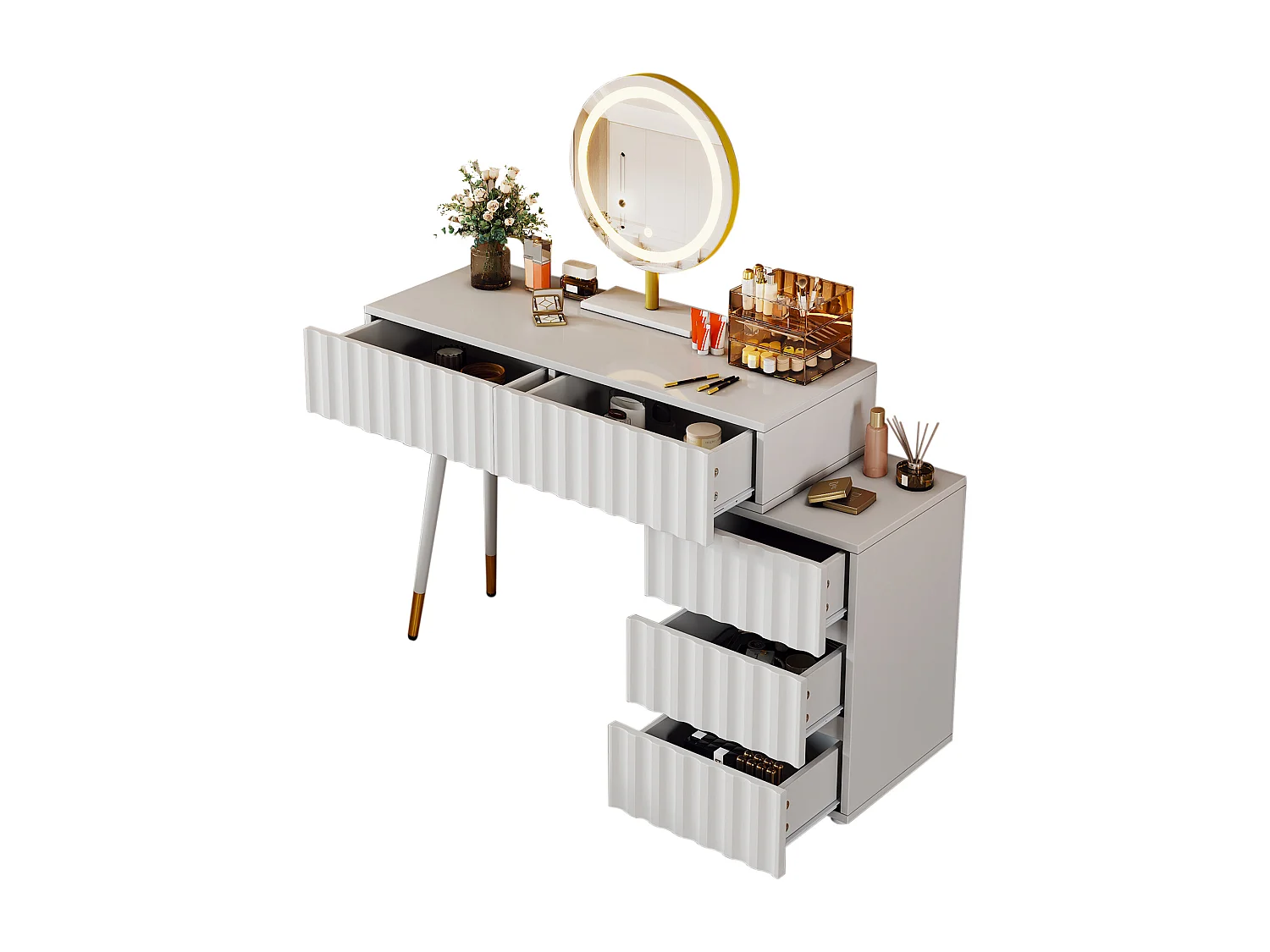 Grande coiffeuse avec éclairage LED, miroir, 5 tiroirs, 2 portes, MDF, blanc (110x40x151 cm)