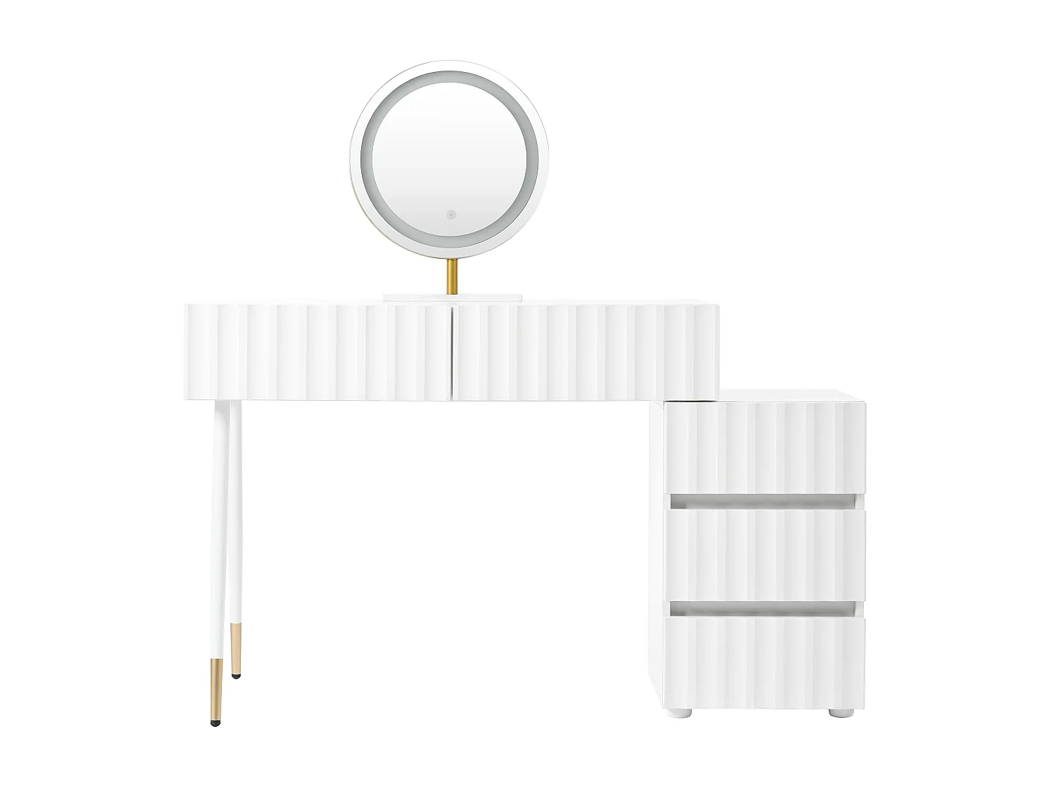 Grande coiffeuse avec éclairage LED, miroir, 5 tiroirs, 2 portes, MDF, blanc (110x40x151 cm)