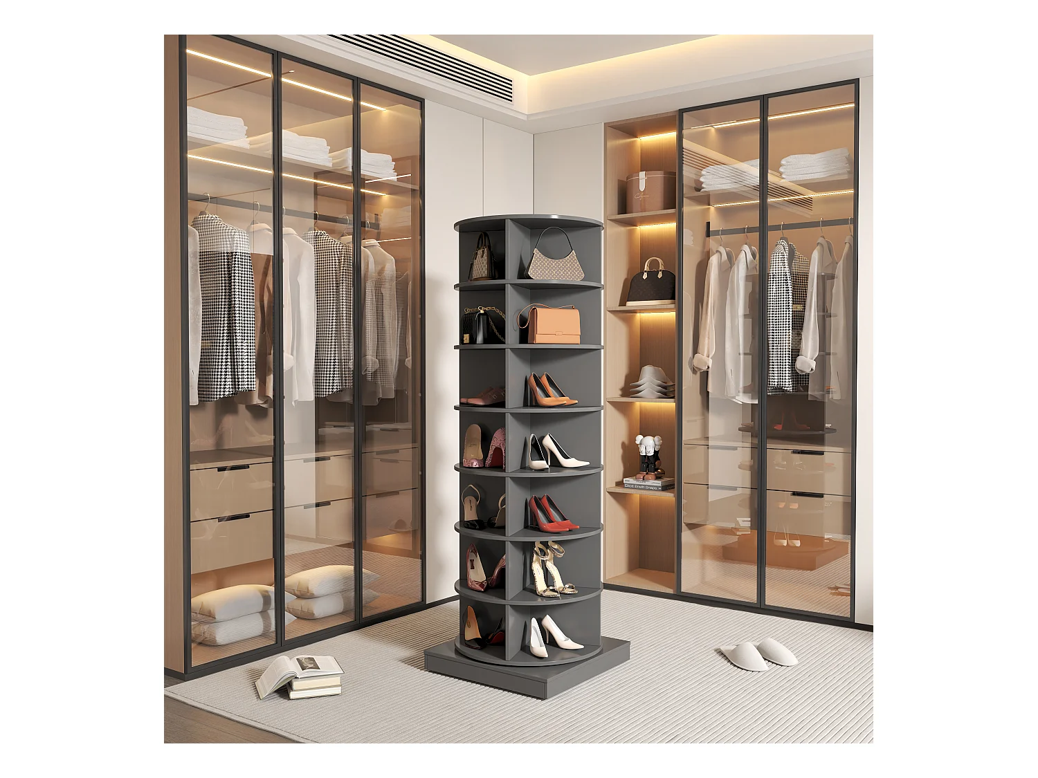 Meuble à chaussures rotatif 360°, 7 niveaux, capacité jusqu'à 28 paires de chaussures, MDF, gris (60.96x60.96x165 cm)