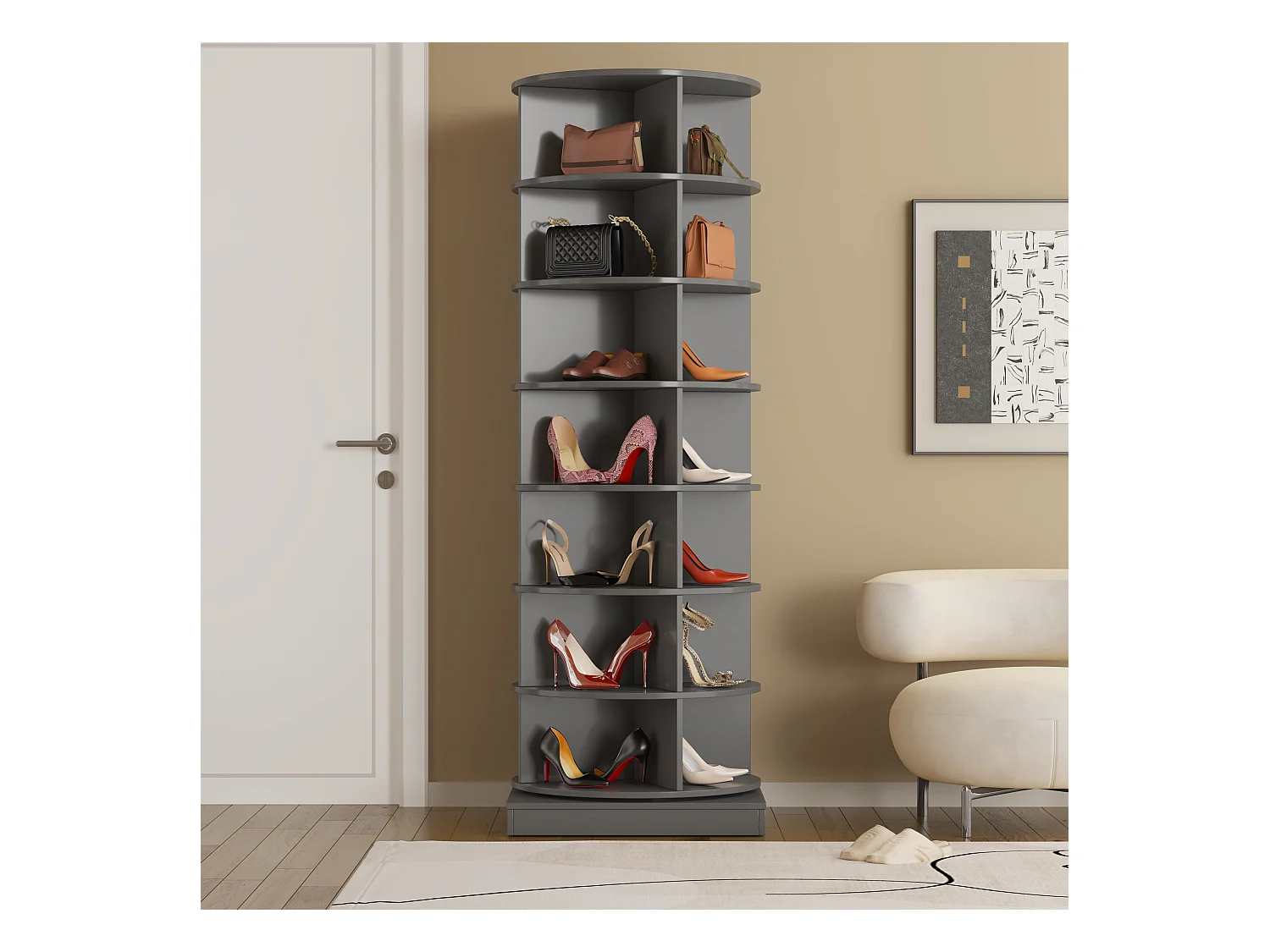 Meuble à chaussures rotatif 360°, 7 niveaux, capacité jusqu'à 28 paires de chaussures, MDF, gris (60.96x60.96x165 cm)