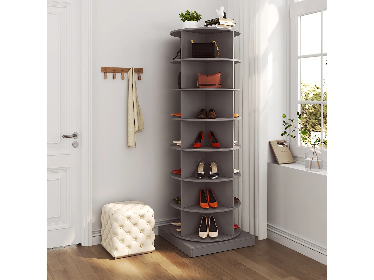 Meuble à chaussures rotatif 360°, 7 niveaux, capacité jusqu'à 28 paires de chaussures, MDF, gris (60.96x60.96x165 cm)