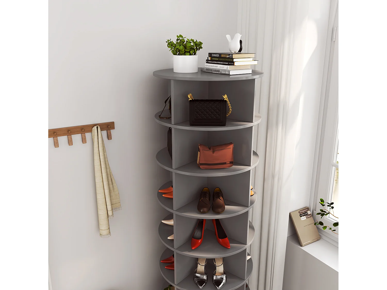 Meuble à chaussures rotatif 360°, 7 niveaux, capacité jusqu'à 28 paires de chaussures, MDF, gris (60.96x60.96x165 cm)