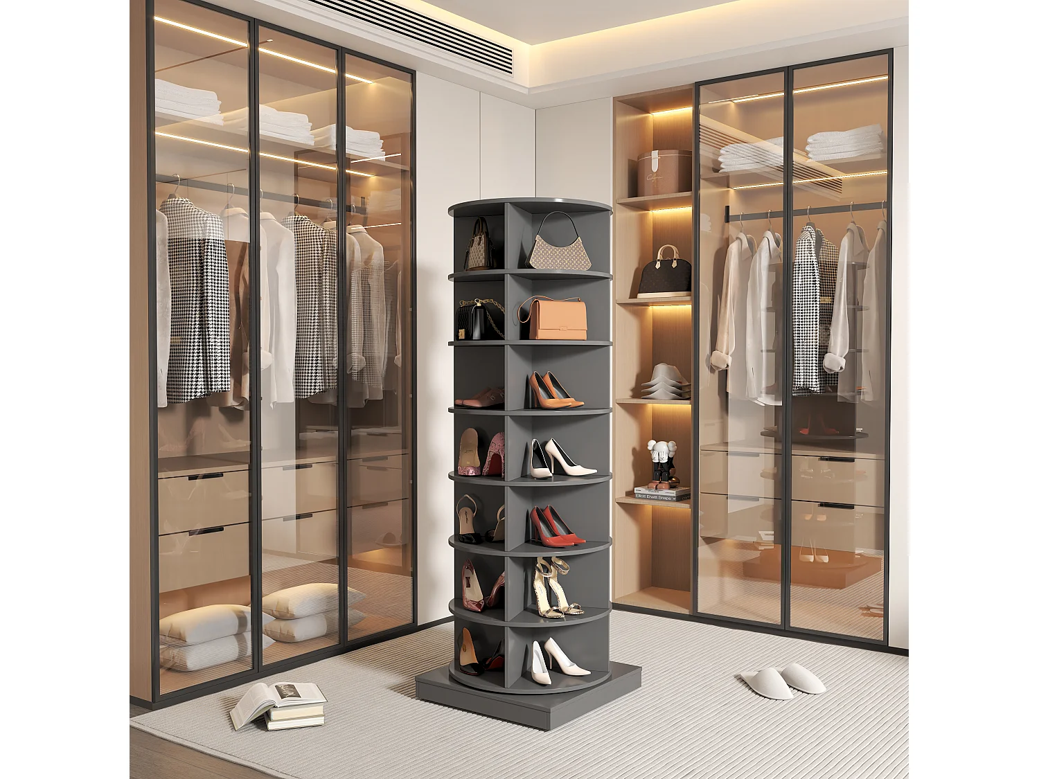 Meuble à chaussures rotatif 360°, 7 niveaux, capacité jusqu'à 28 paires de chaussures, MDF, gris (60.96x60.96x165 cm)