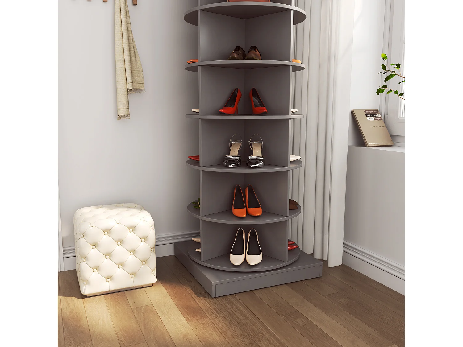 Meuble à chaussures rotatif 360°, 7 niveaux, capacité jusqu'à 28 paires de chaussures, MDF, gris (60.96x60.96x165 cm)