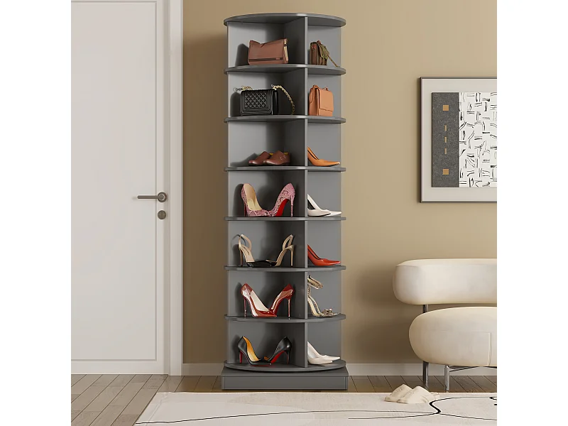 360° draaibaar schoenenrek, 7 niveaus, geschikt voor maximaal 28 paar schoenen, MDF, grijs (60,96x60,96x165 cm)