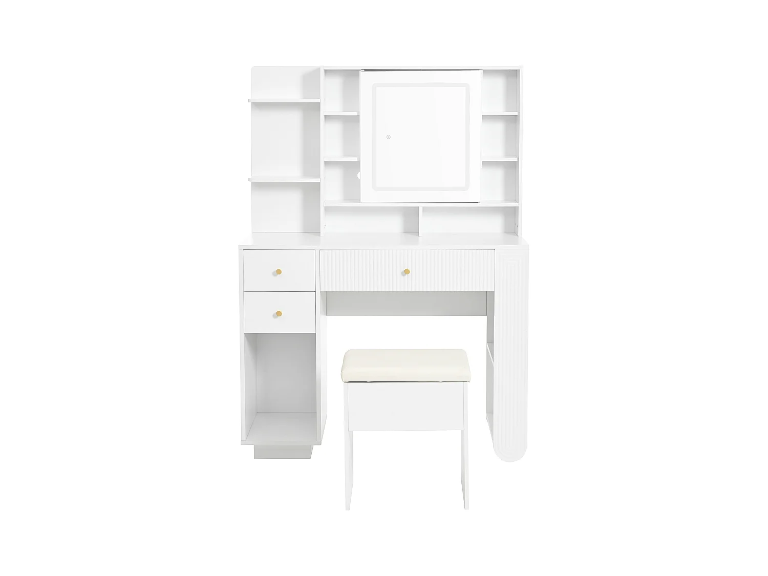 Tocador iluminado con espejo y taburete, mesa de maquillaje con brillo regulable, cajones y estante abierto, blanco (100x40x138 cm)