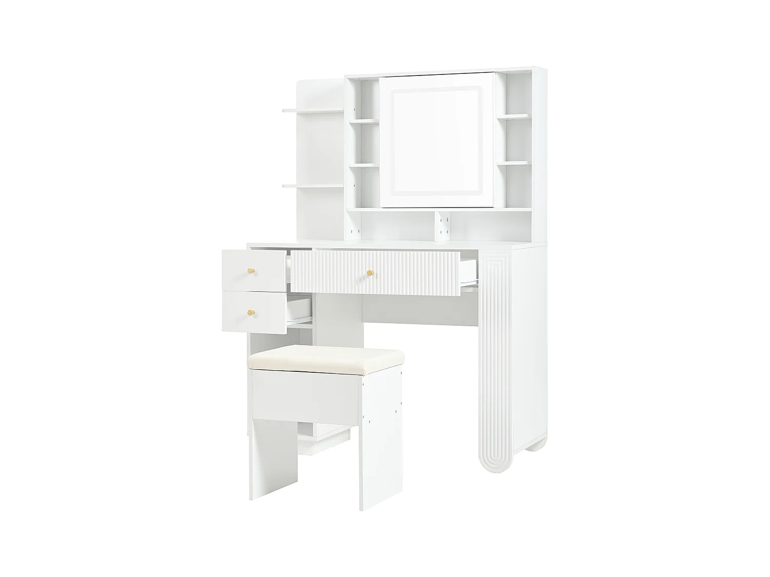 Tocador iluminado con espejo y taburete, mesa de maquillaje con brillo regulable, cajones y estante abierto, blanco (100x40x138 cm)