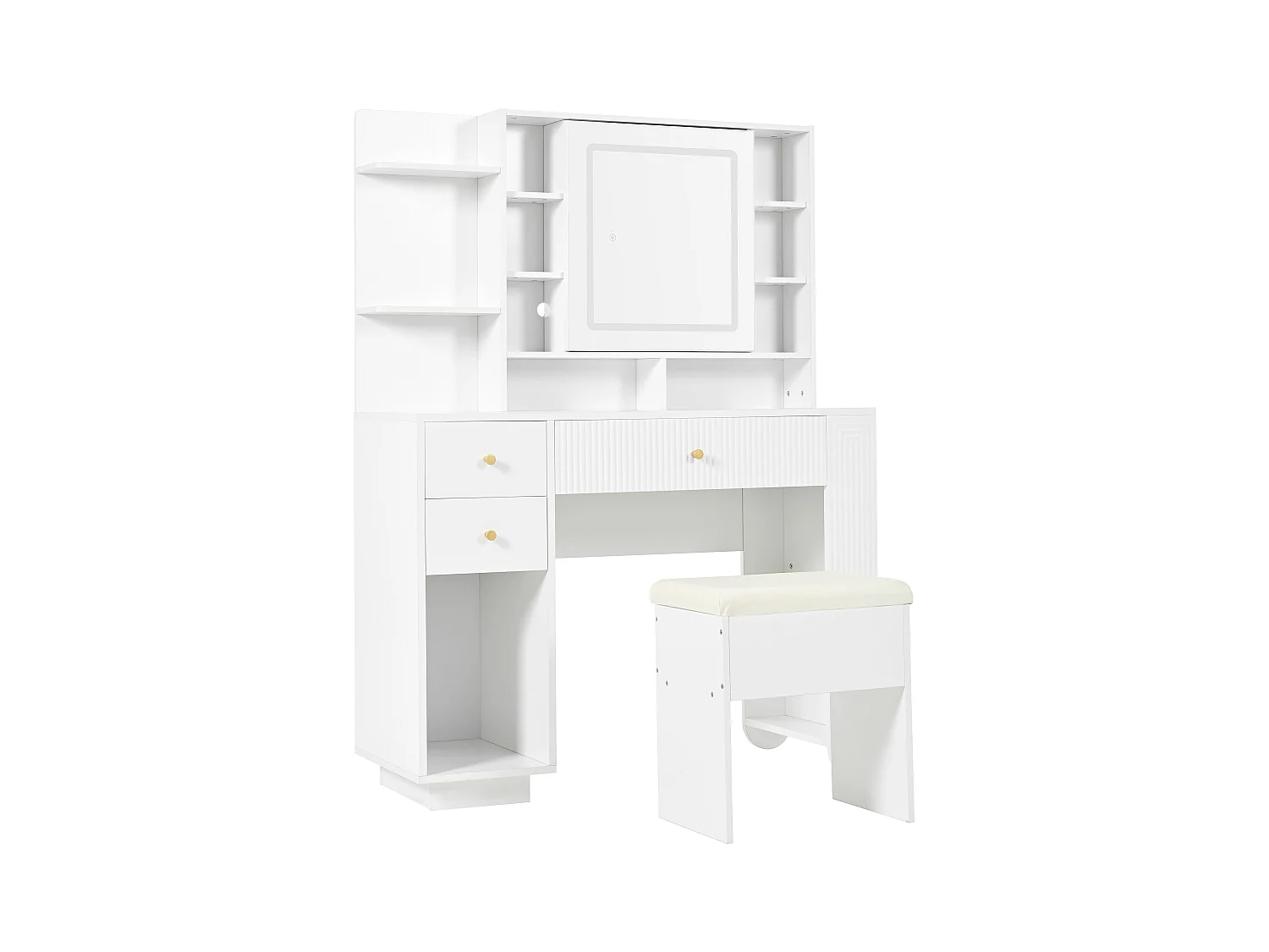 Tocador iluminado con espejo y taburete, mesa de maquillaje con brillo regulable, cajones y estante abierto, blanco (100x40x138 cm)