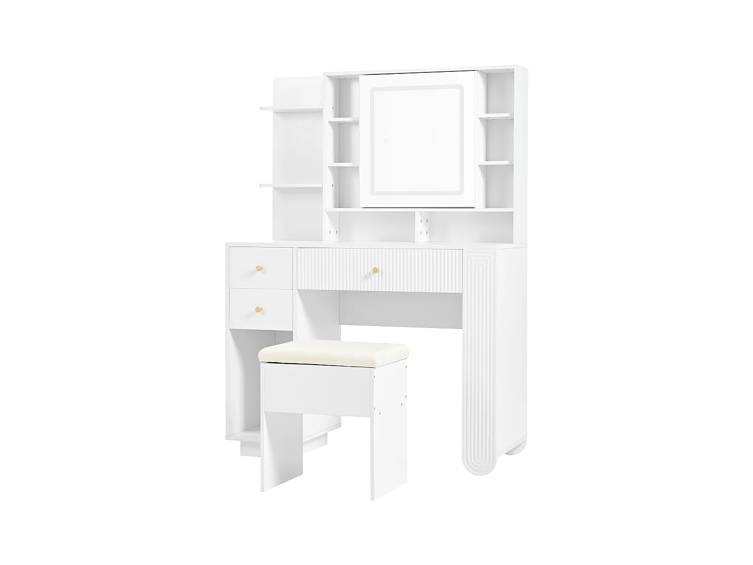Tocador iluminado con espejo y taburete, mesa de maquillaje con brillo regulable, cajones y estante abierto, blanco (100x40x138 cm)