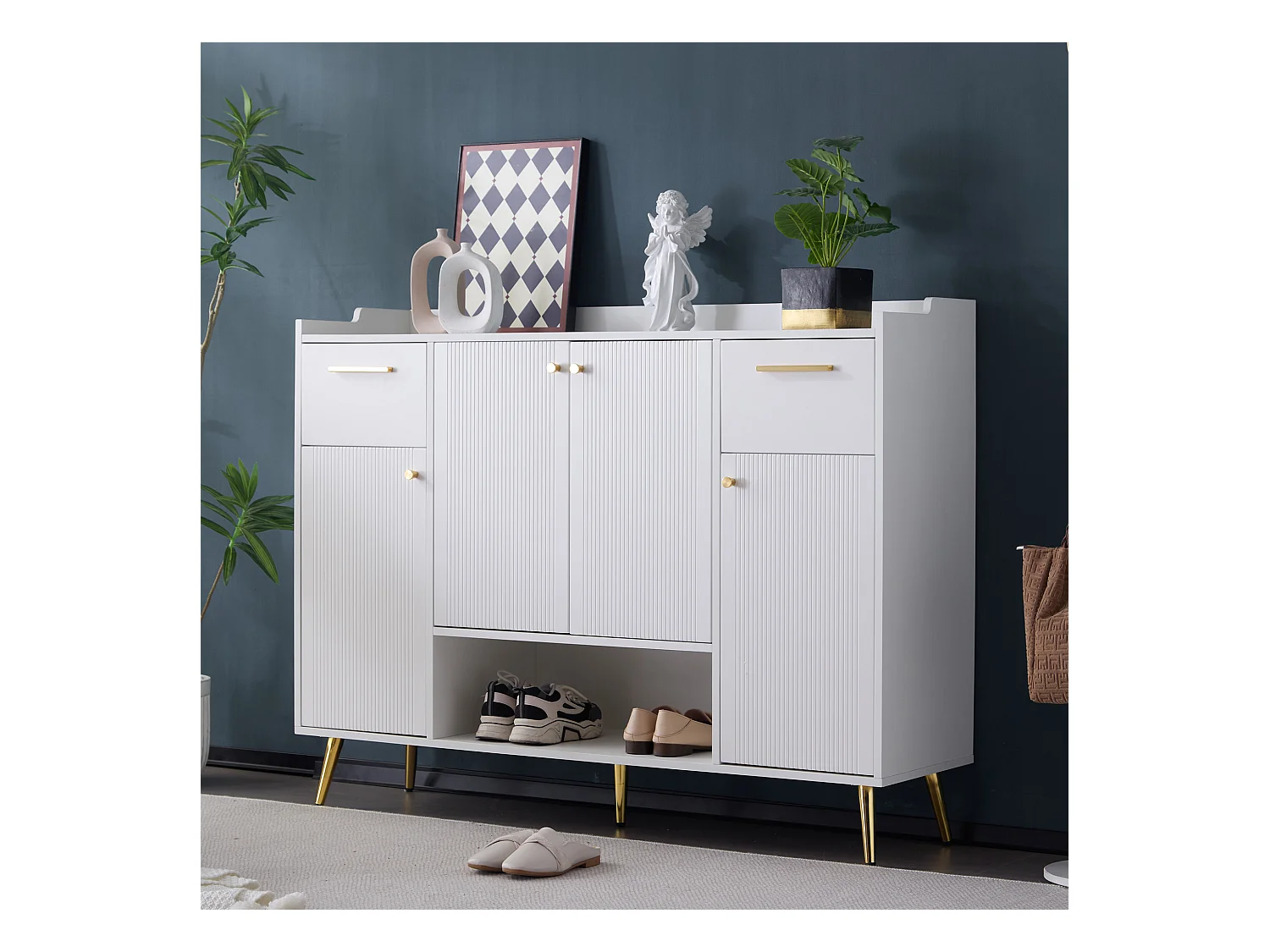 Meuble à chaussures avec 2 tiroirs et 4 portes, avec pieds en métal, blanc (130x37x100 cm)