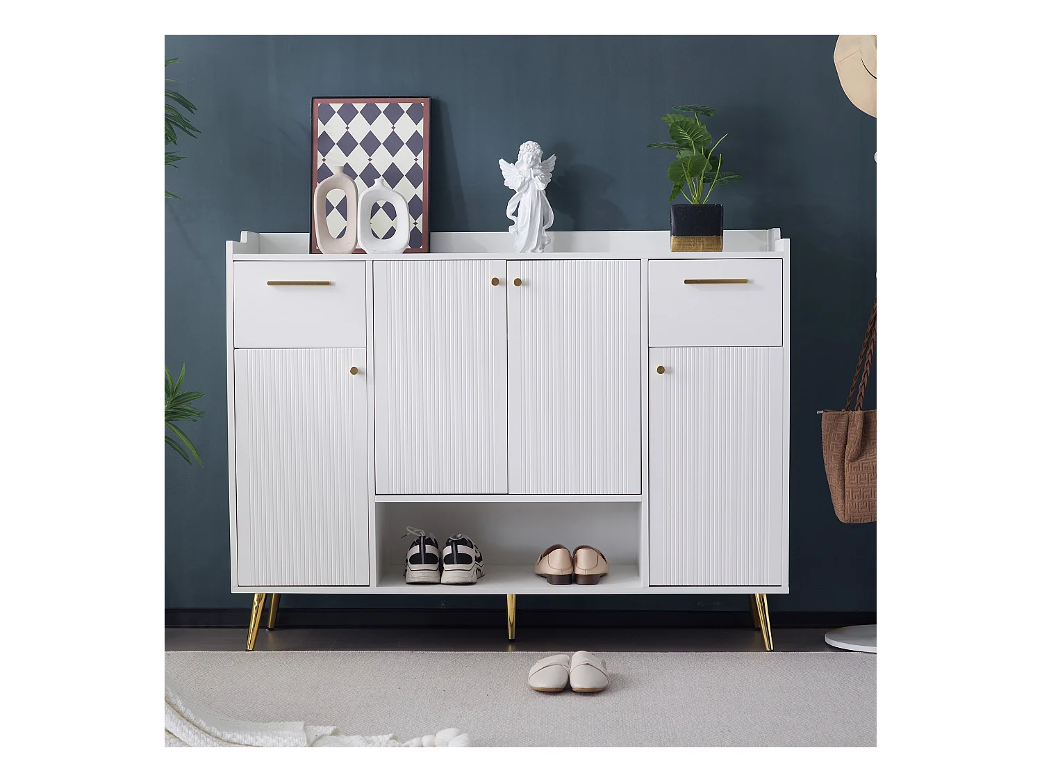 Meuble à chaussures avec 2 tiroirs et 4 portes, avec pieds en métal, blanc (130x37x100 cm)