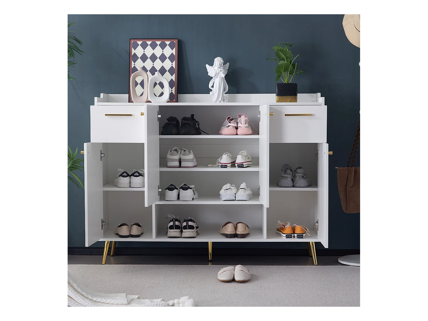 Meuble à chaussures avec 2 tiroirs et 4 portes, avec pieds en métal, blanc (130x37x100 cm)