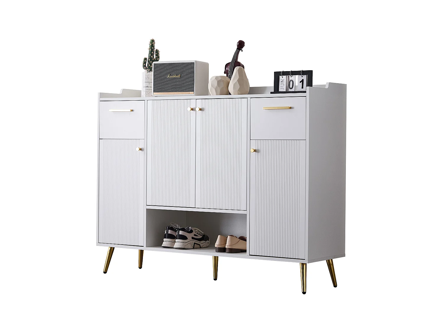 Meuble à chaussures avec 2 tiroirs et 4 portes, avec pieds en métal, blanc (130x37x100 cm)