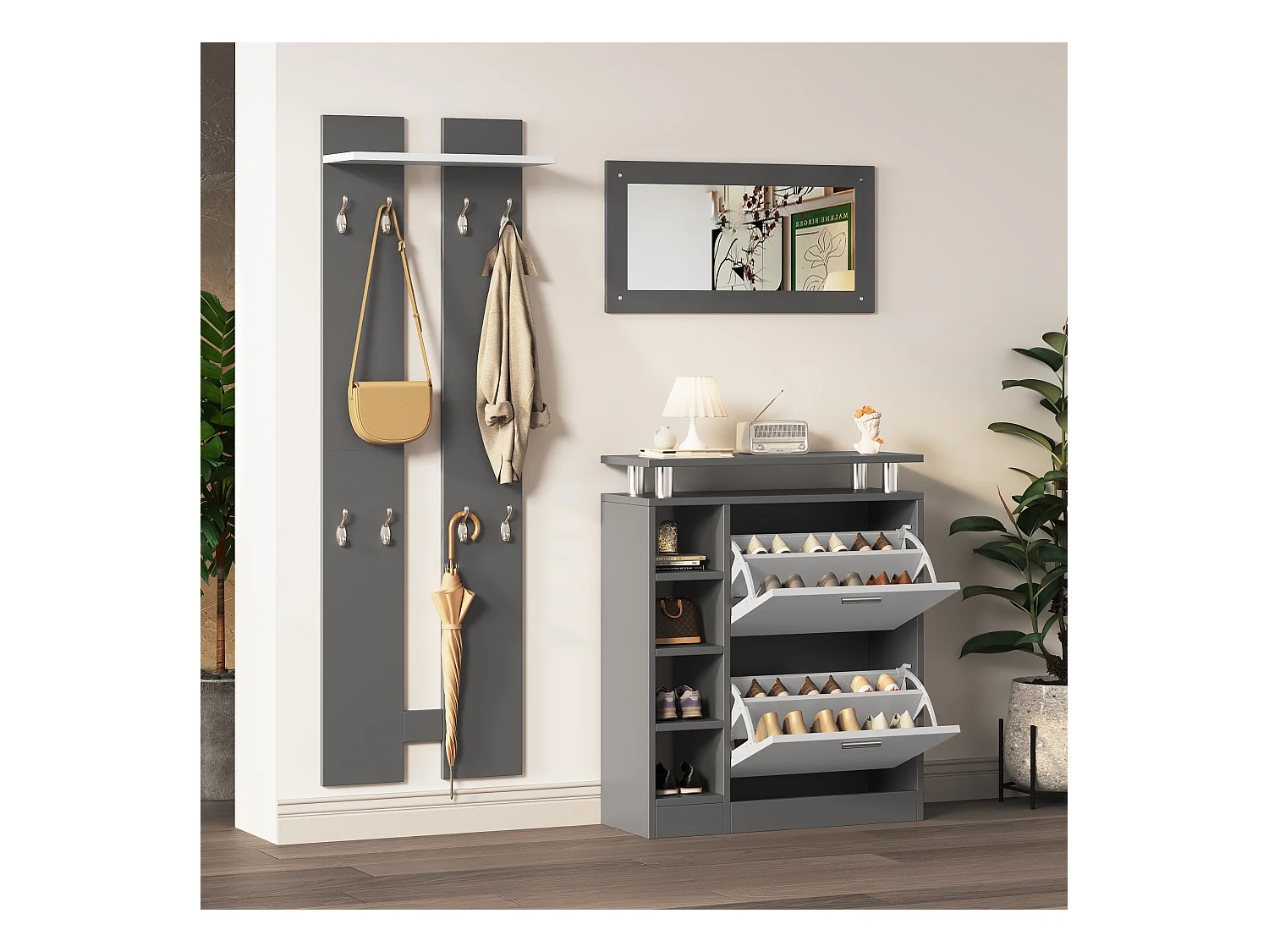 Garderobe murale avec miroir, 2 panneaux muraux, étagère et meuble à chaussures, anthracite mat, 80x25x96.5 cm