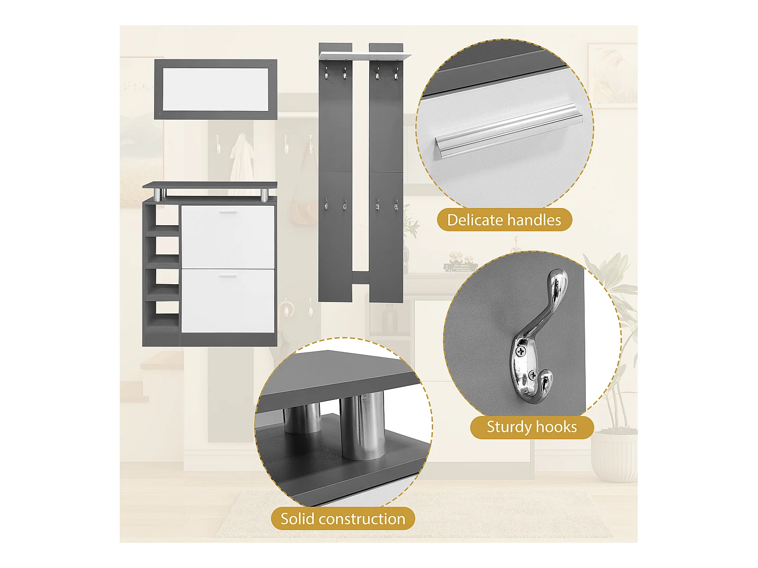 Garderobe murale avec miroir, 2 panneaux muraux, étagère et meuble à chaussures, anthracite mat, 80x25x96.5 cm