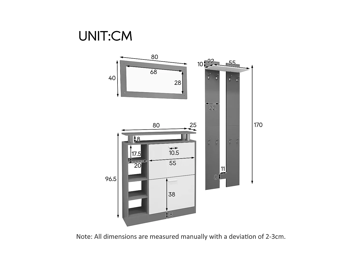 Garderobe murale avec miroir, 2 panneaux muraux, étagère et meuble à chaussures, anthracite mat, 80x25x96.5 cm