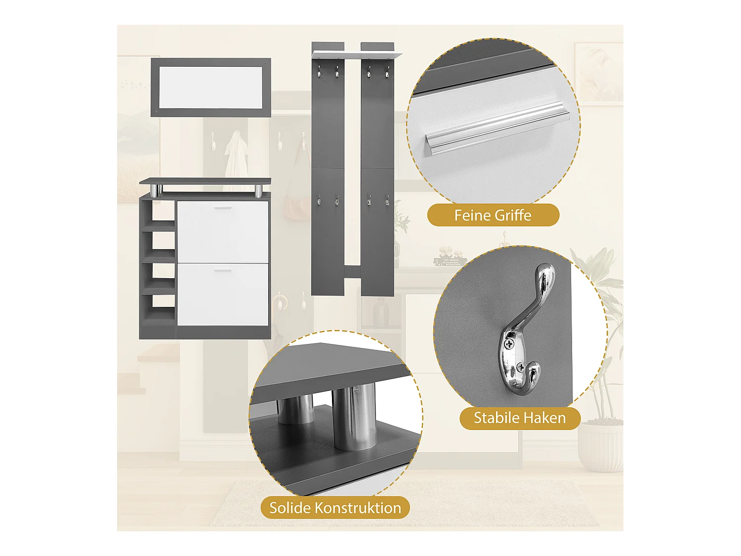 Garderobe murale avec miroir, 2 panneaux muraux, étagère et meuble à chaussures, anthracite mat, 80x25x96.5 cm