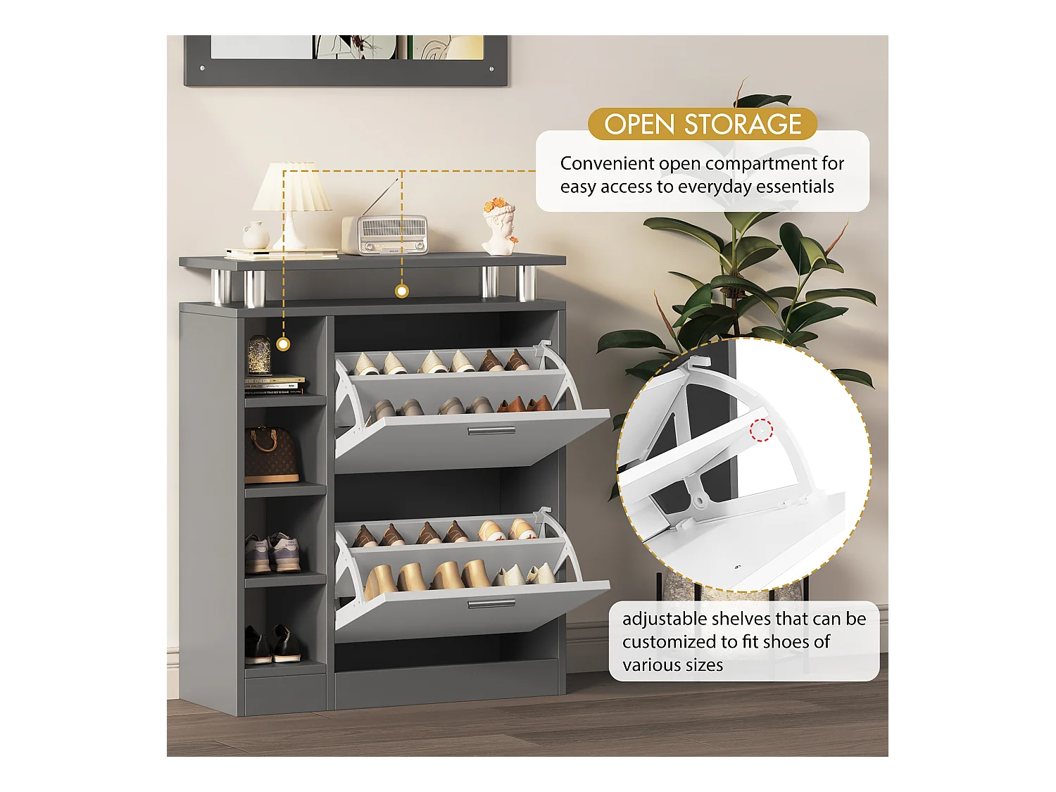 Garderobe murale avec miroir, 2 panneaux muraux, étagère et meuble à chaussures, anthracite mat, 80x25x96.5 cm