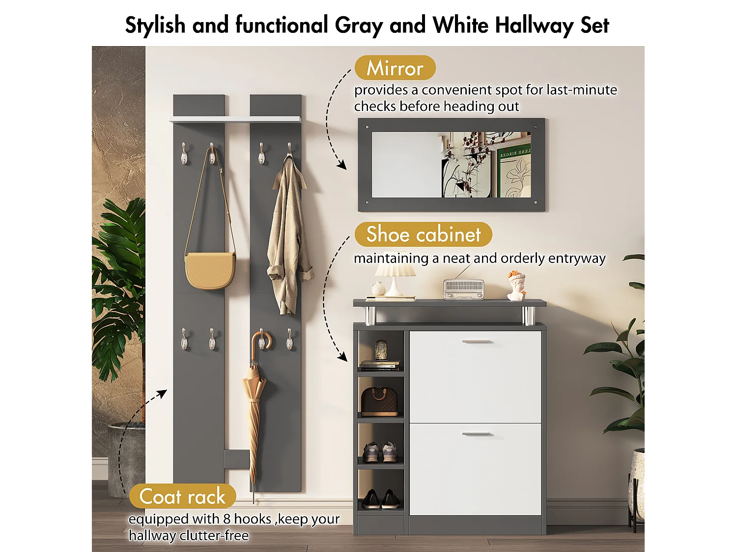 Garderobe murale avec miroir, 2 panneaux muraux, étagère et meuble à chaussures, anthracite mat, 80x25x96.5 cm