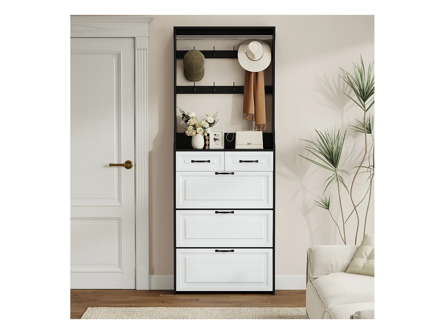 Meuble à chaussures avec porte, 3 portes rabattables et 2 tiroirs, MDF, noir et blanc (80x23.5x220 cm)