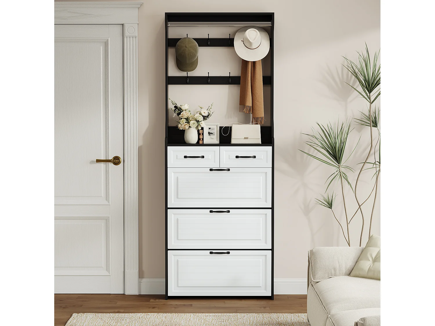 Meuble à chaussures avec porte, 3 portes rabattables et 2 tiroirs, MDF, noir et blanc (80x23.5x220 cm)