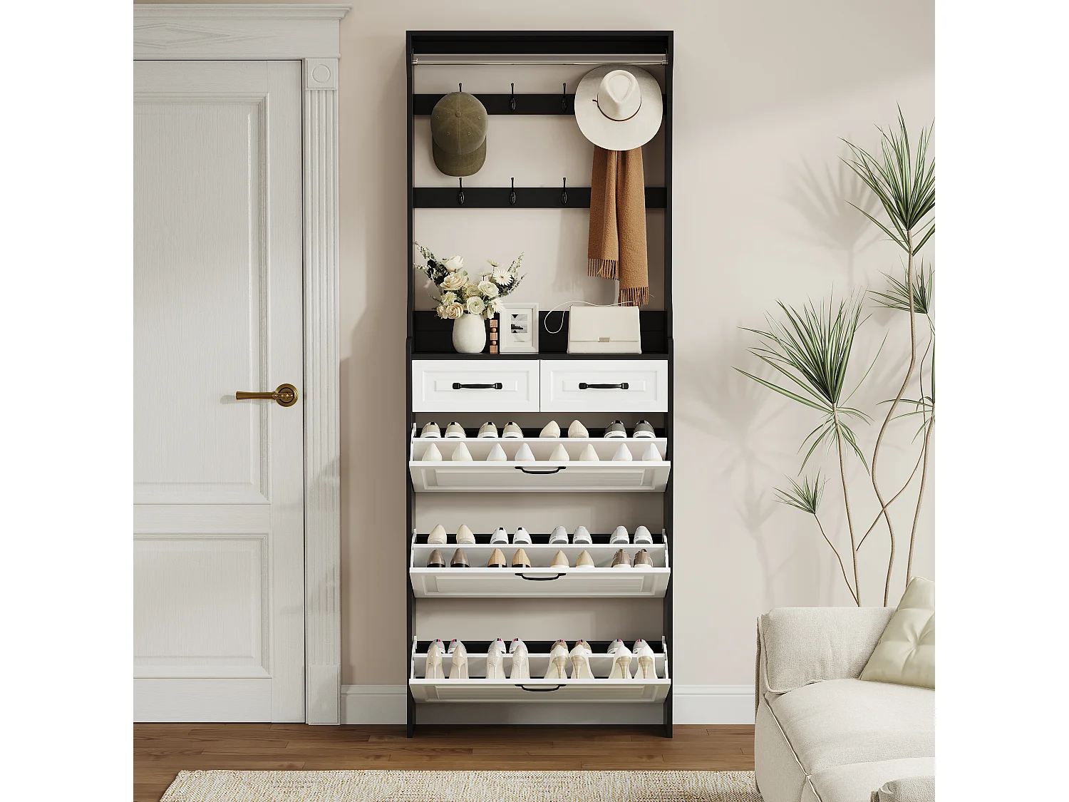 Meuble à chaussures avec porte, 3 portes rabattables et 2 tiroirs, MDF, noir et blanc (80x23.5x220 cm)