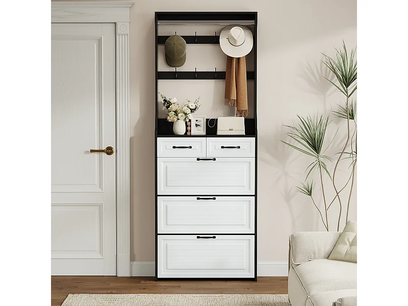 Scarpiera con anta, 3 ante battenti e 2 cassetti, MDF, bianco e nero (80x23,5x220 cm)