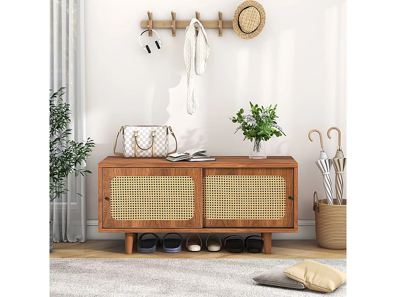 Rattan Schuhschrank avec 2 portes et étagère réglable, en panneau de particules, couleur noyer (104x40x48 cm)