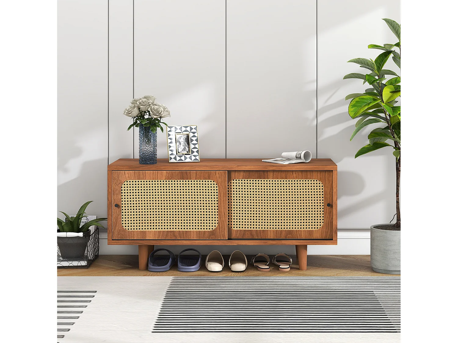 Rattan Schuhschrank avec 2 portes et étagère réglable, en panneau de particules, couleur noyer (104x40x48 cm)