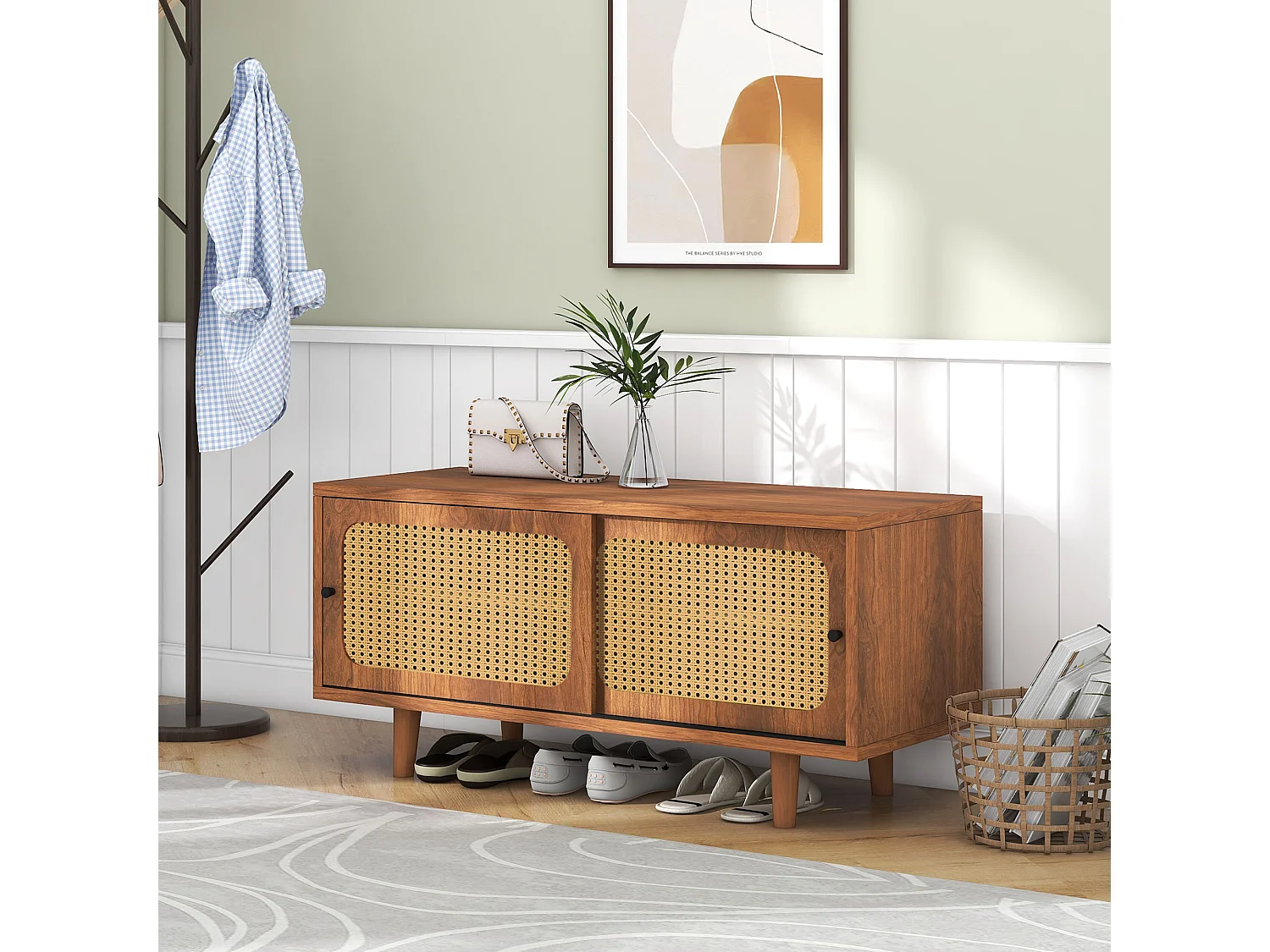 Rattan Schuhschrank avec 2 portes et étagère réglable, en panneau de particules, couleur noyer (104x40x48 cm)