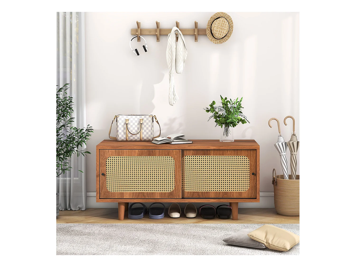 Rattan Schuhschrank avec 2 portes et étagère réglable, en panneau de particules, couleur noyer (104x40x48 cm)