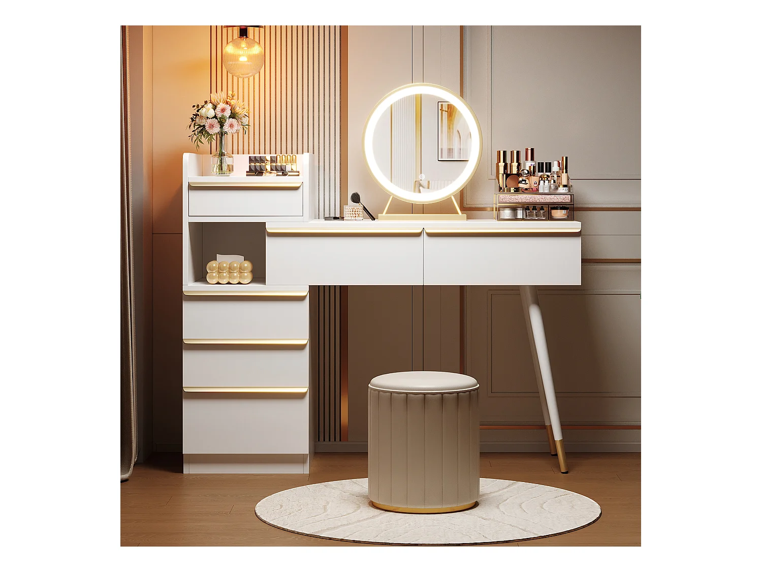 Coiffeuse avec plateau extensible, 6 tiroirs, miroir LED dimmable, Blanc (102x100x41.5 cm)