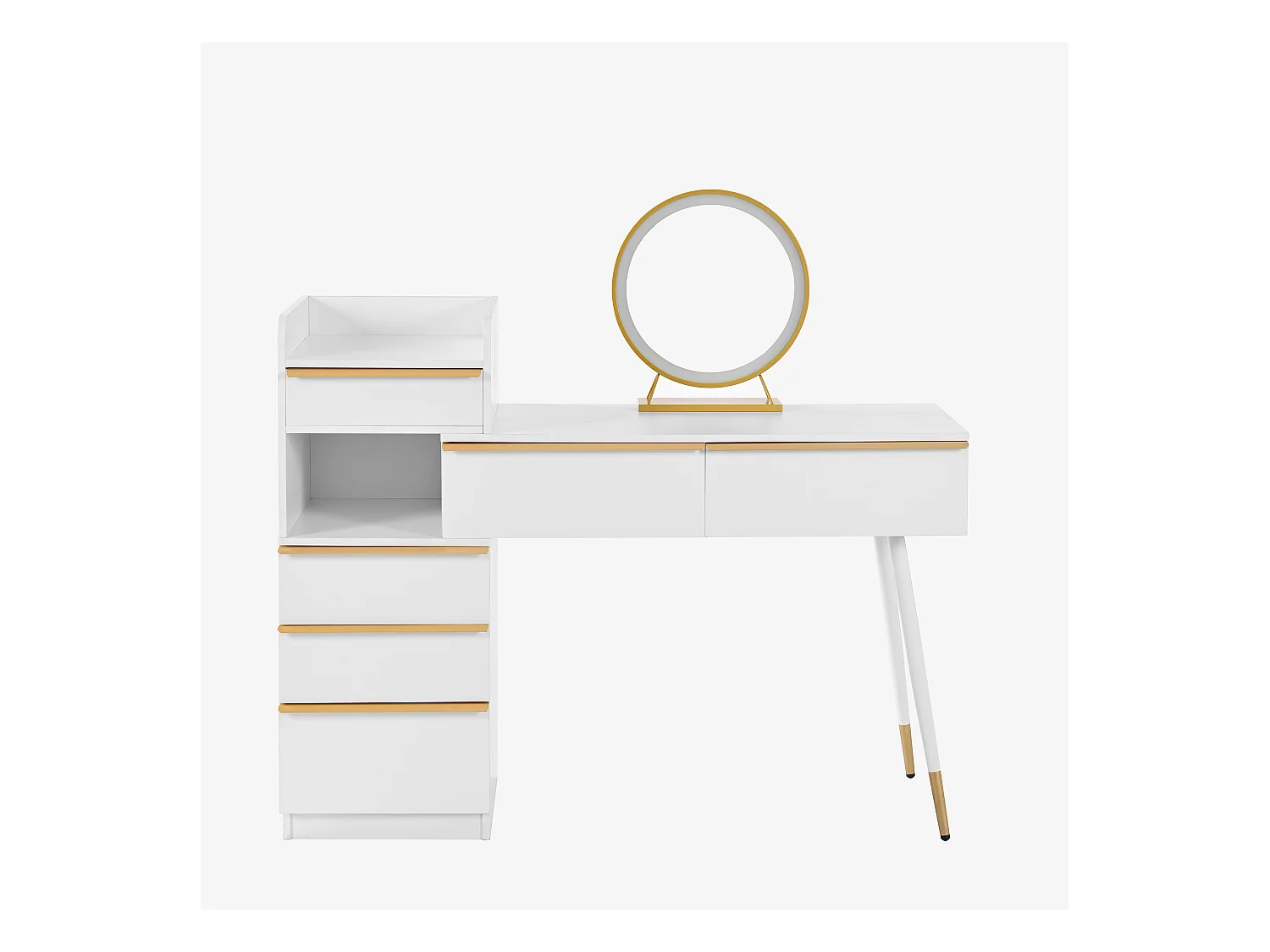 Coiffeuse avec plateau extensible, 6 tiroirs, miroir LED dimmable, Blanc (102x100x41.5 cm)